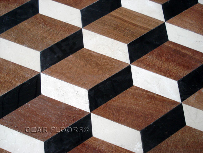 459: Close up of marble parquet with Wood grain marble, absolute black and crema marfil