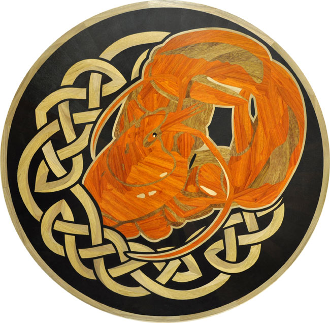442: Custom wood floor medallion, logo for seafood bistro