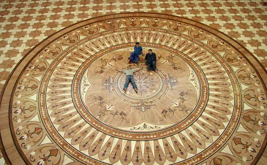 The largest wood floor medallion built by Czar Floors. Custom hardwood parquet