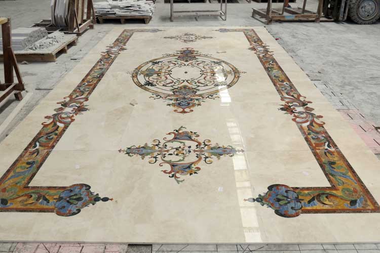 Assembly of the marble rug waterjet inlays