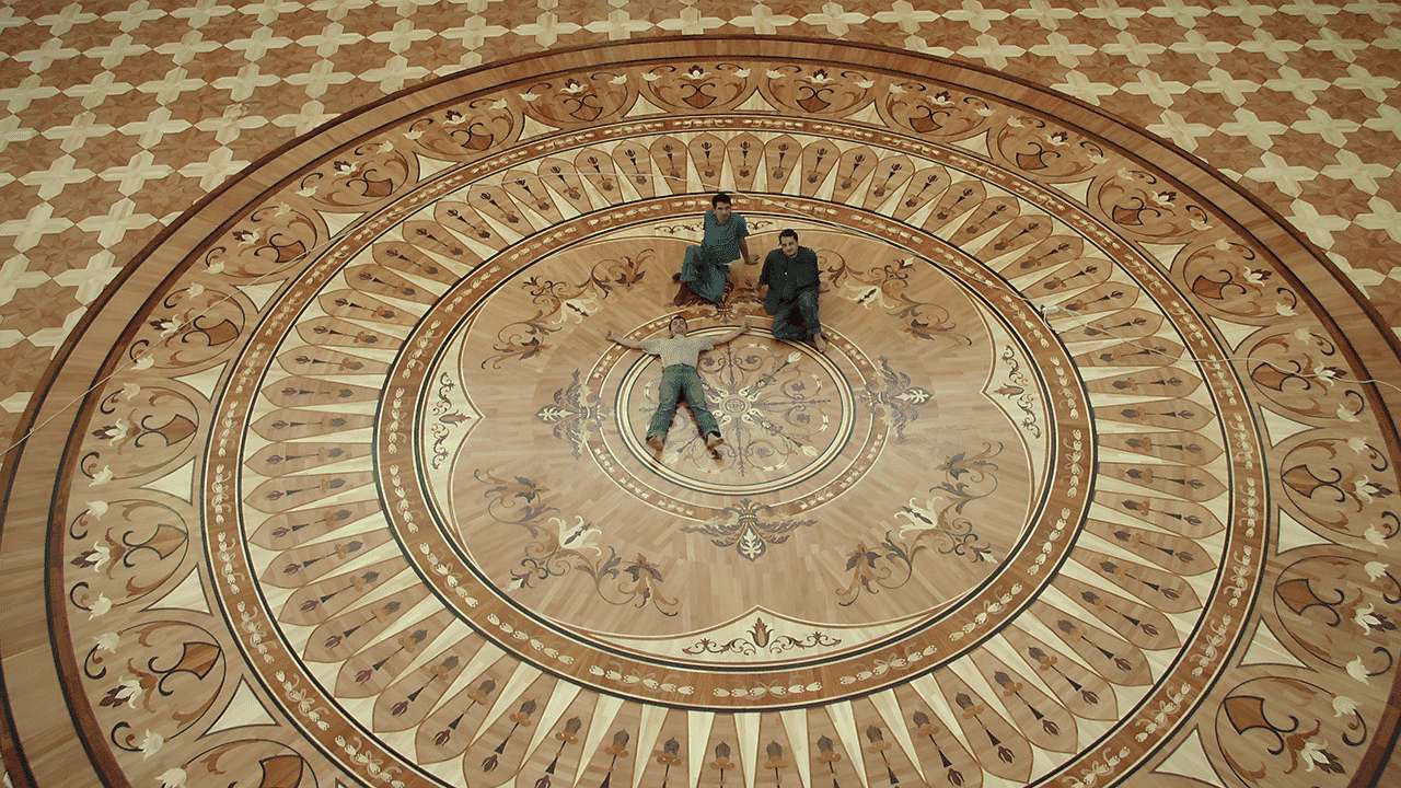 Luxury custom-made hardwood floor medallion inlay by Czar Floors - Award-winning craftsmanship. 2007 NWFA Floor of the Year Award.