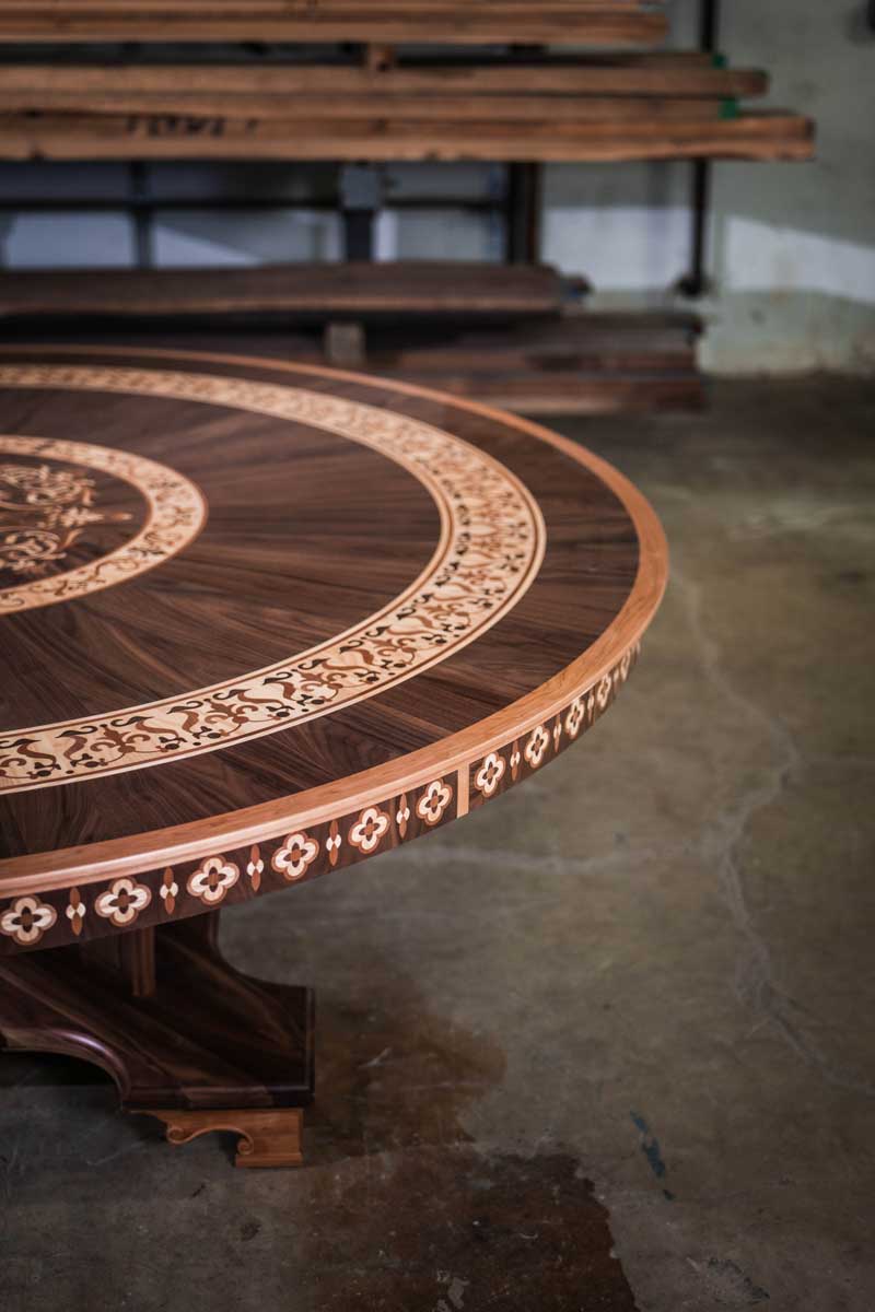 Custom wooden tabletop and inlay apron