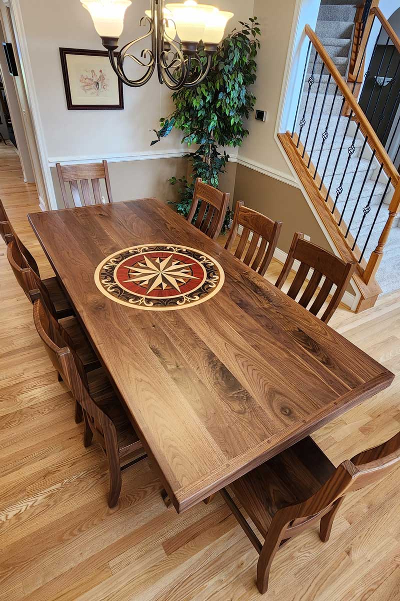 A custom inlay, embedded into table, built by the homeowner.