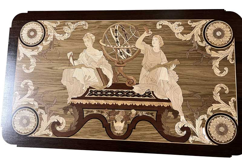Custom tabletop marquetry, replcating antique furniture.