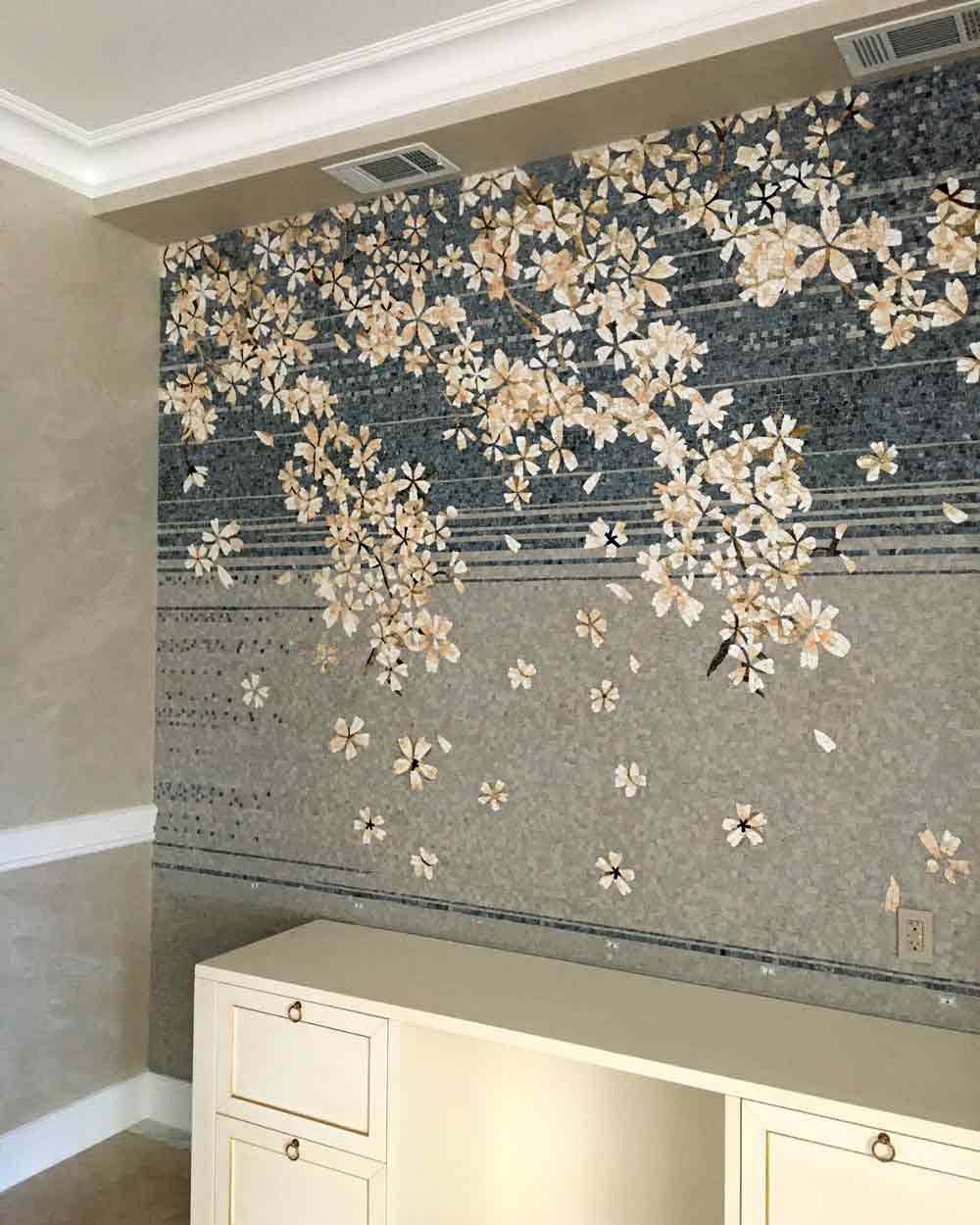 Bathroom wall with handcrafted marble mosaic backsplash