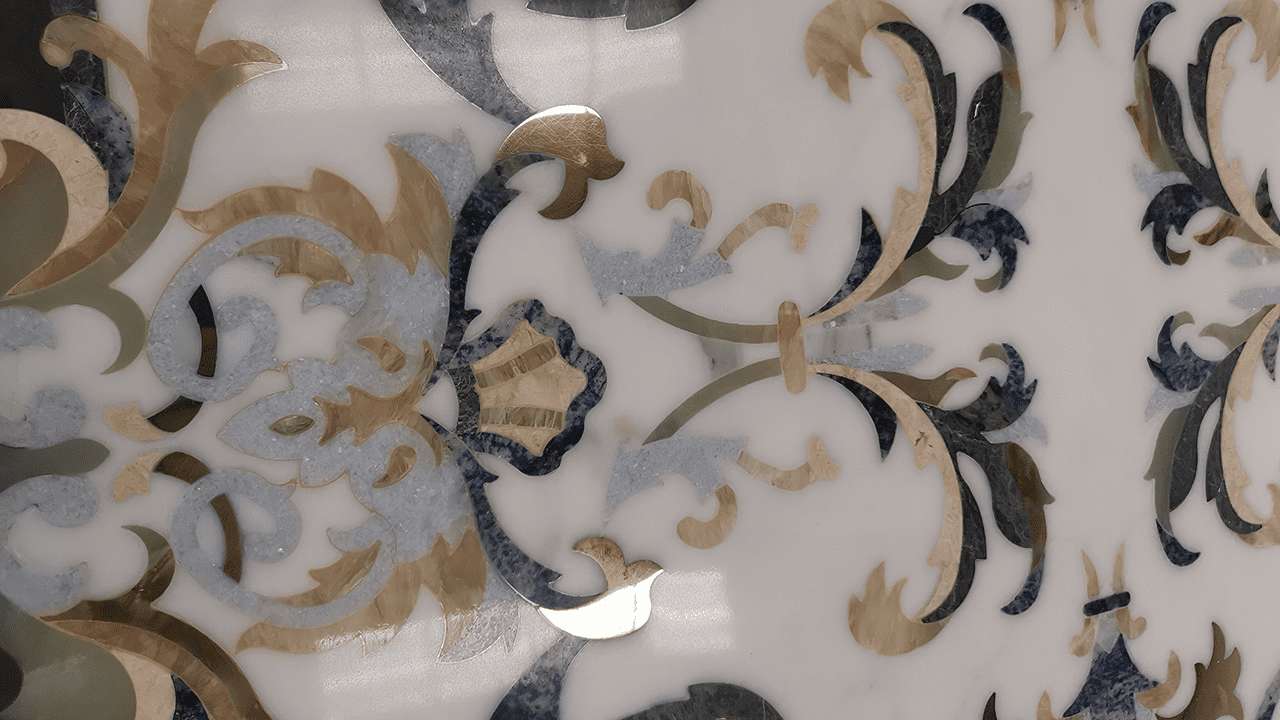 Close up of waterjet marble medallion showing no gaps for grout