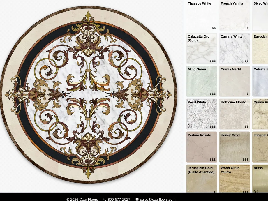 Inlay Designer animation — the Rafael stone medallion recolored through different marble palettes