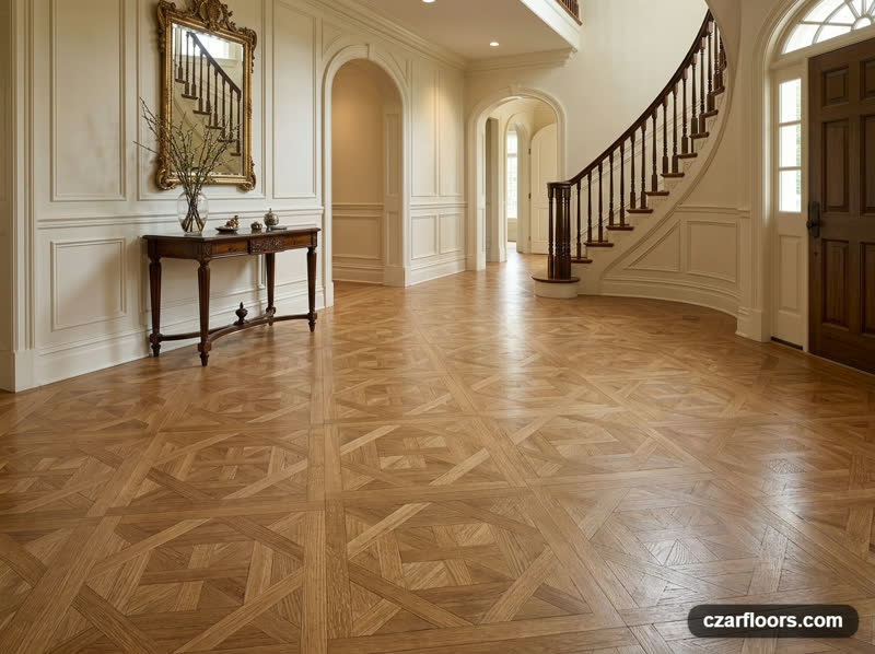 Bordeaux parquet AI preview in an entry hall with curved staircase