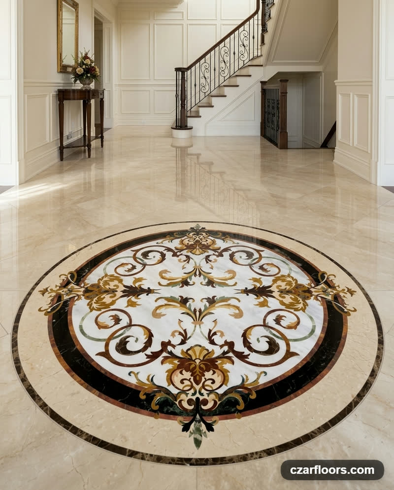 Rafael stone medallion AI preview in a classic foyer