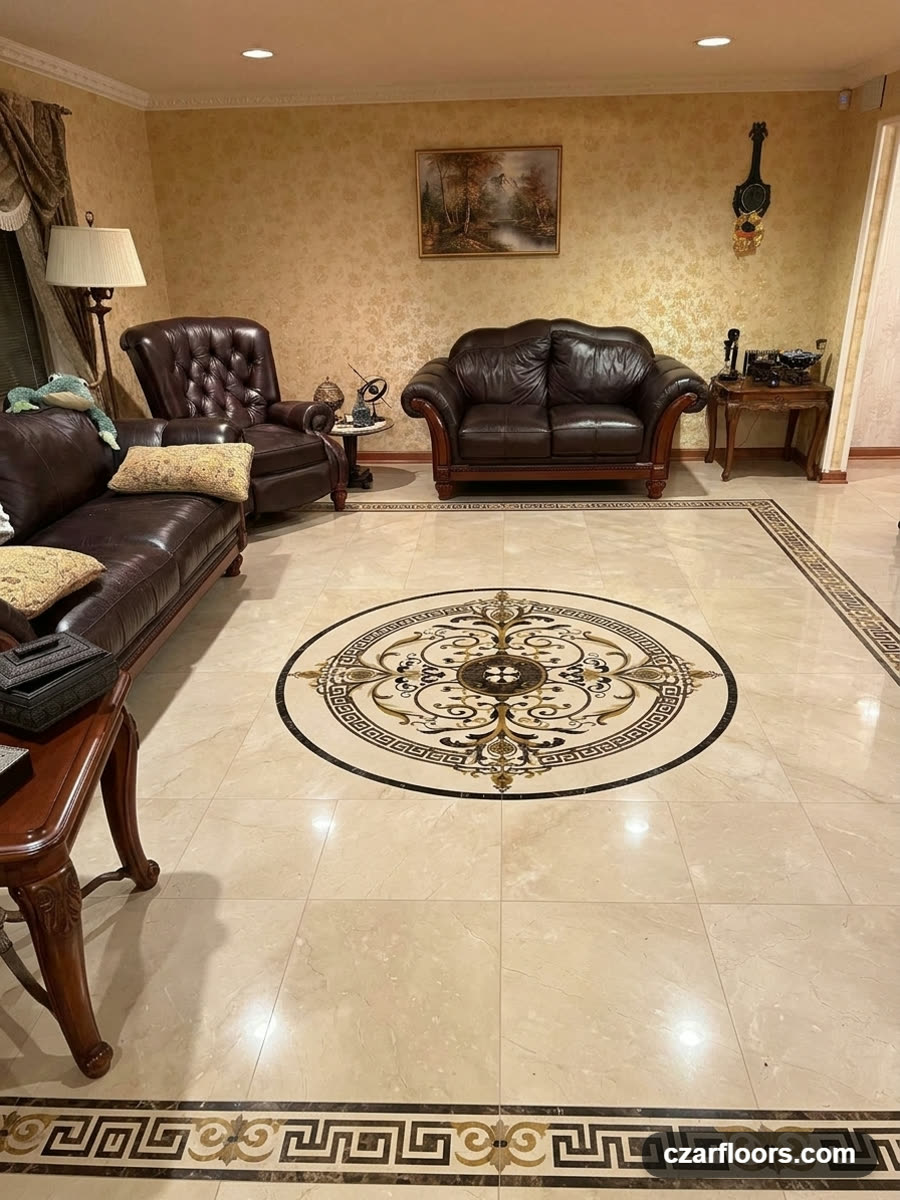 The same living room rendered with a Czar Floors stone medallion and Greek-key border installed